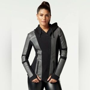 ASYM VEGAN LEATHER HOODED MOTO - GREY/BLACK Combo w/BONDED FRENCH TERRY